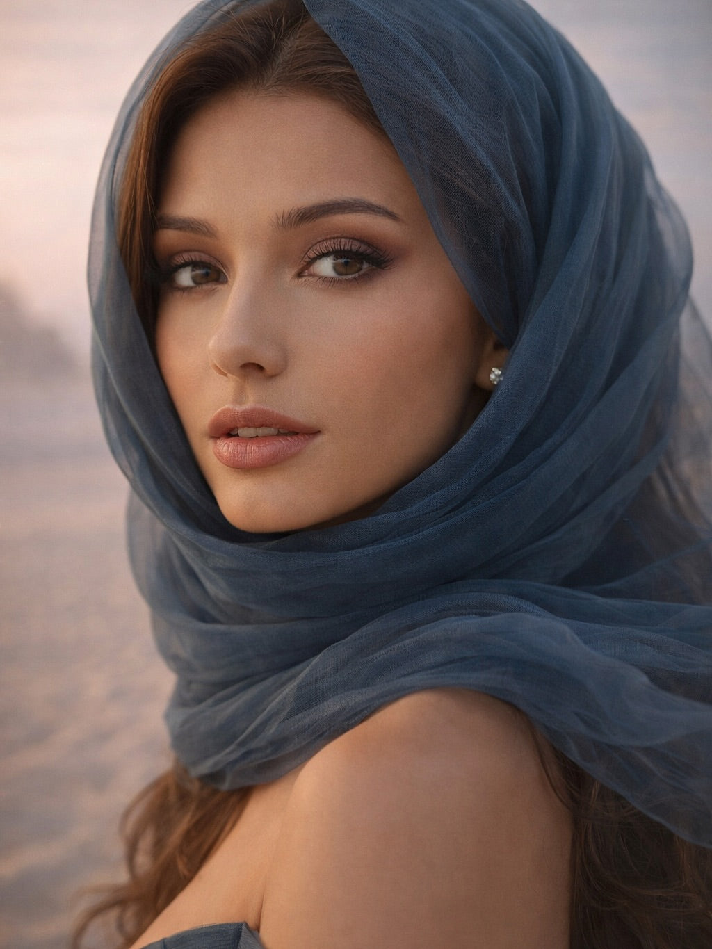 Bohemian Navy Blue Off-the-Shoulder Ruffled Tulle Evening Dress with Scarf SF215