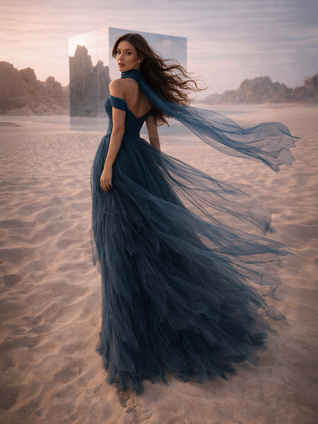 Bohemian Navy Blue Off-the-Shoulder Ruffled Tulle Evening Dress with Scarf SF215