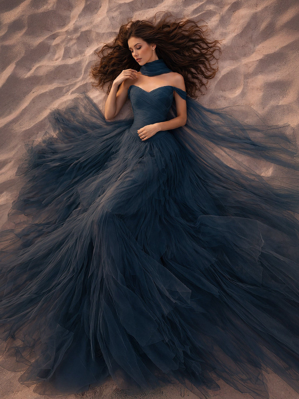 Bohemian Navy Blue Off-the-Shoulder Ruffled Tulle Evening Dress with Scarf SF215