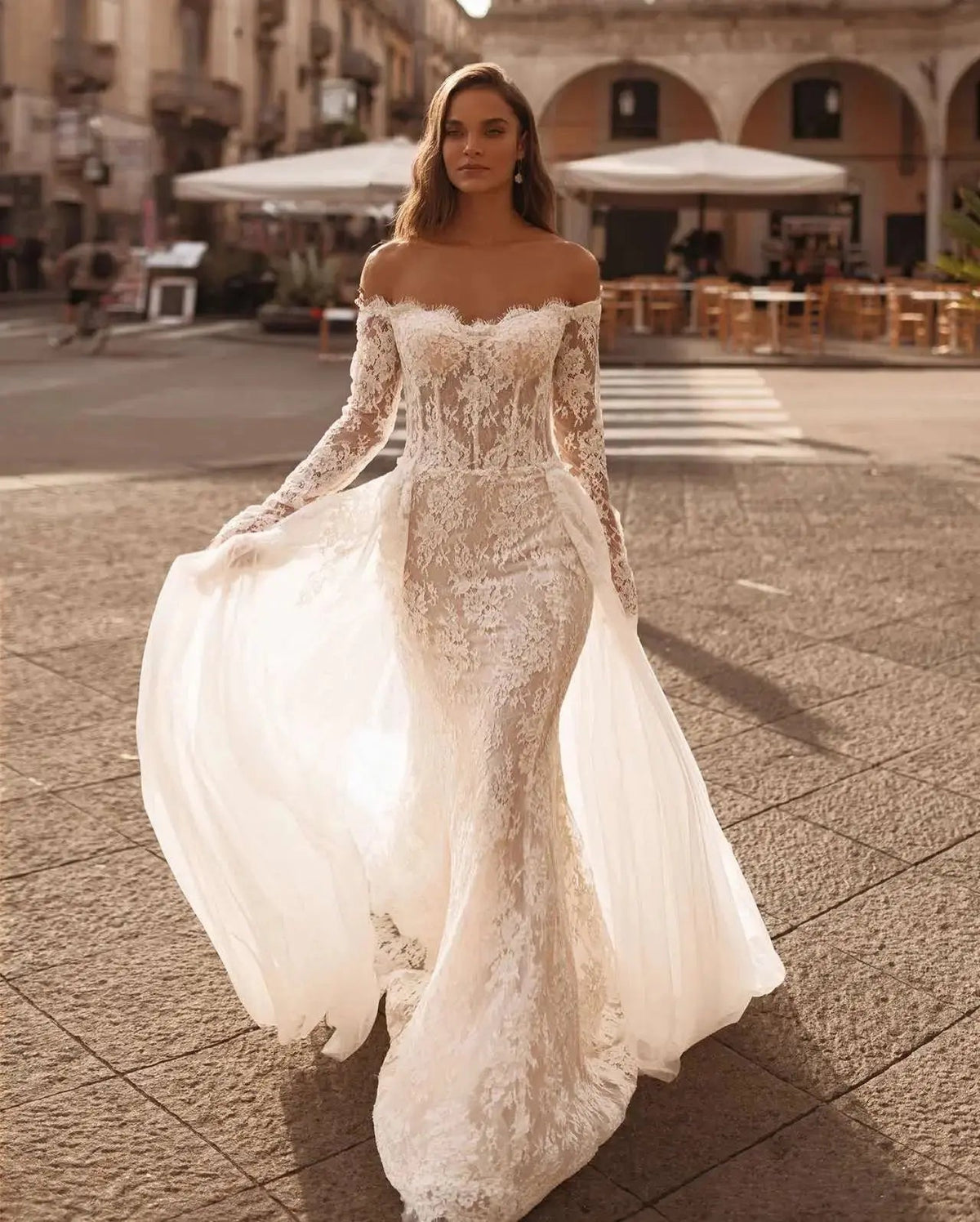Romantic Ivory Off-the-Shoulder Lace Mermaid Wedding Dress with Tulle Overlay SW172