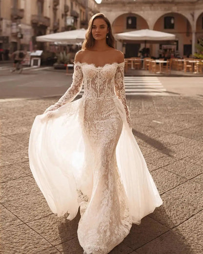 Romantic Ivory Off-the-Shoulder Lace Mermaid Wedding Dress with Tulle Overlay SW172