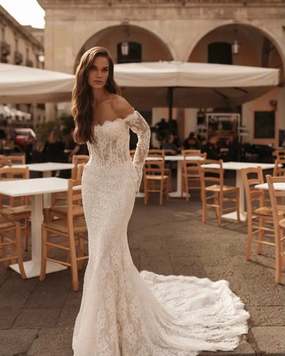 Romantic Ivory Off-the-Shoulder Lace Mermaid Wedding Dress with Tulle Overlay SW172