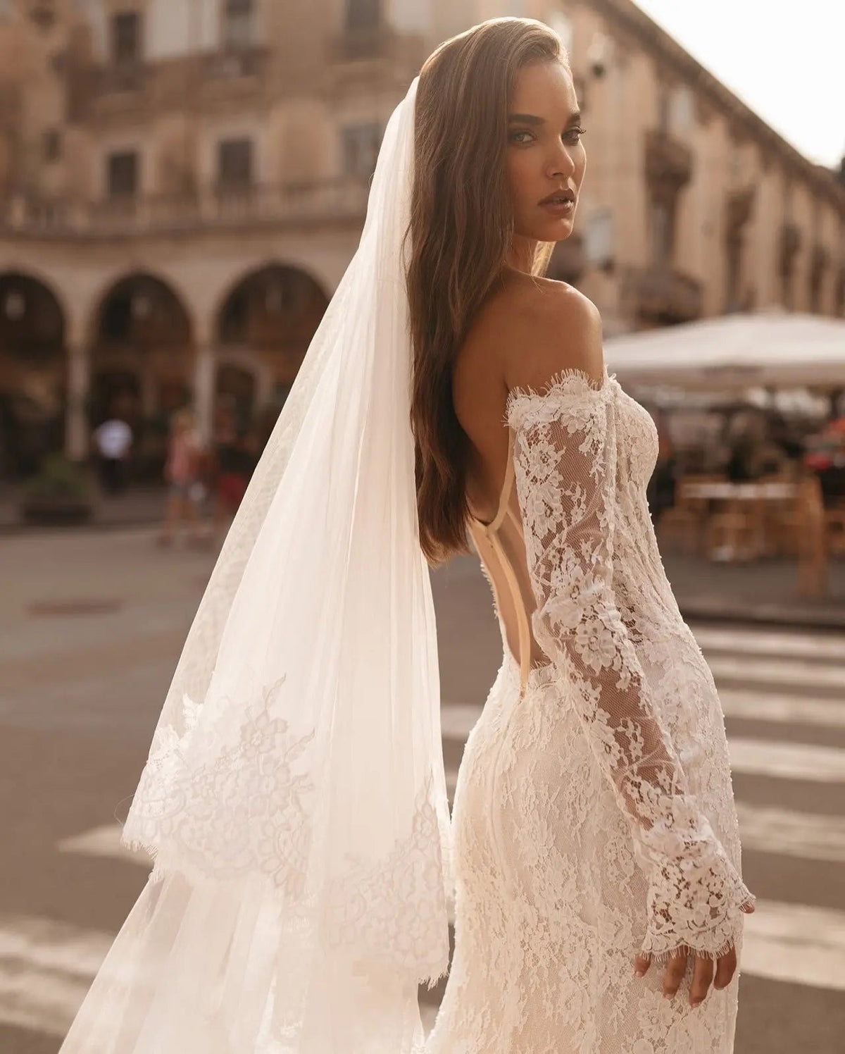 Romantic Ivory Off-the-Shoulder Lace Mermaid Wedding Dress with Tulle Overlay SW172