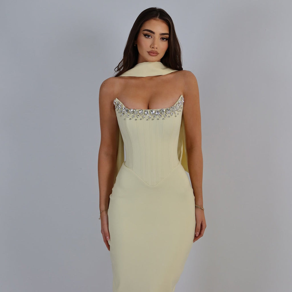 Elegant Light Yellow Beaded Evening Dress with Scarf SF276