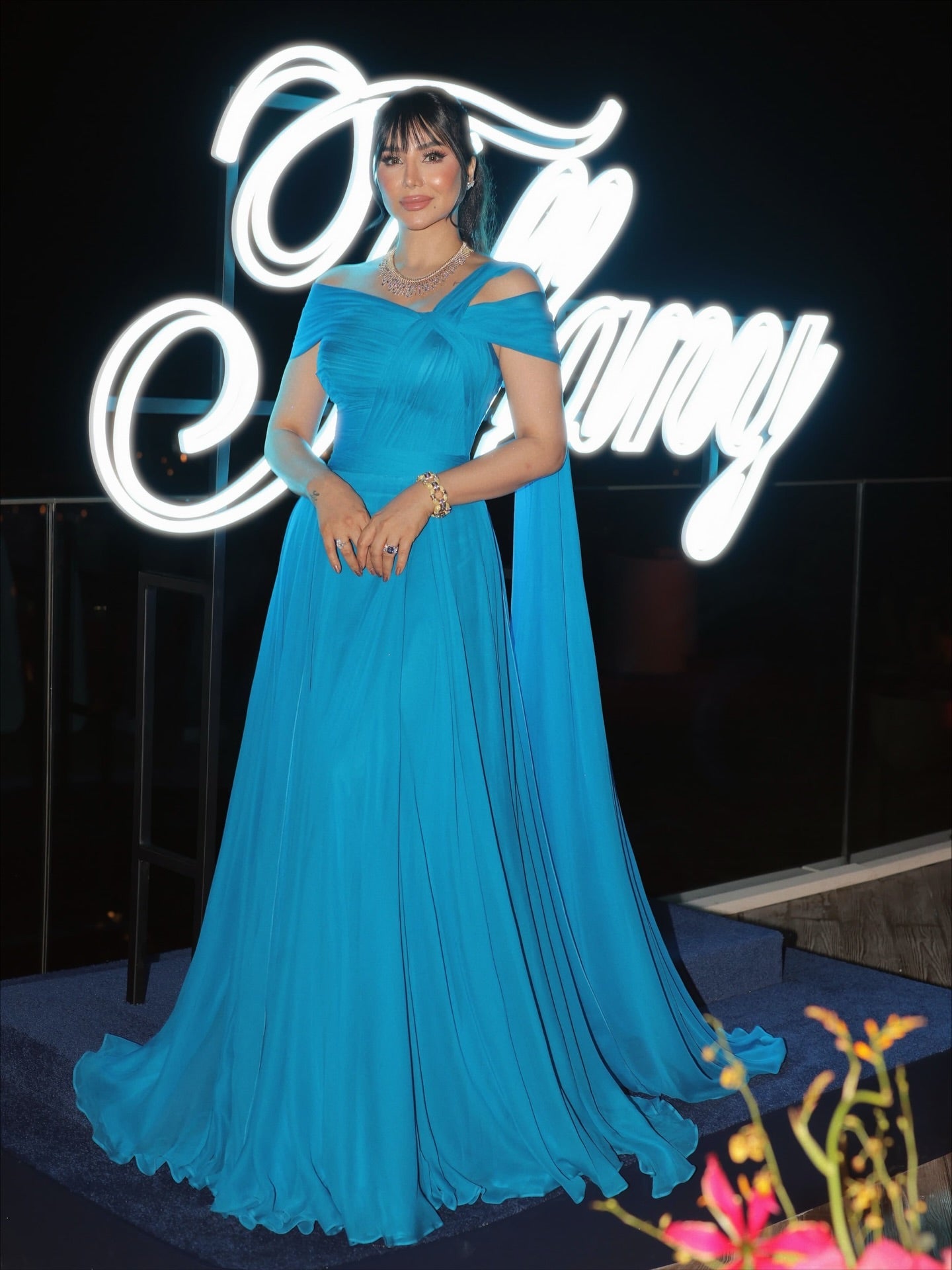 Luxury Blue Cold Shoulder Cross Neck Flowy Cape Evening Dress SF067