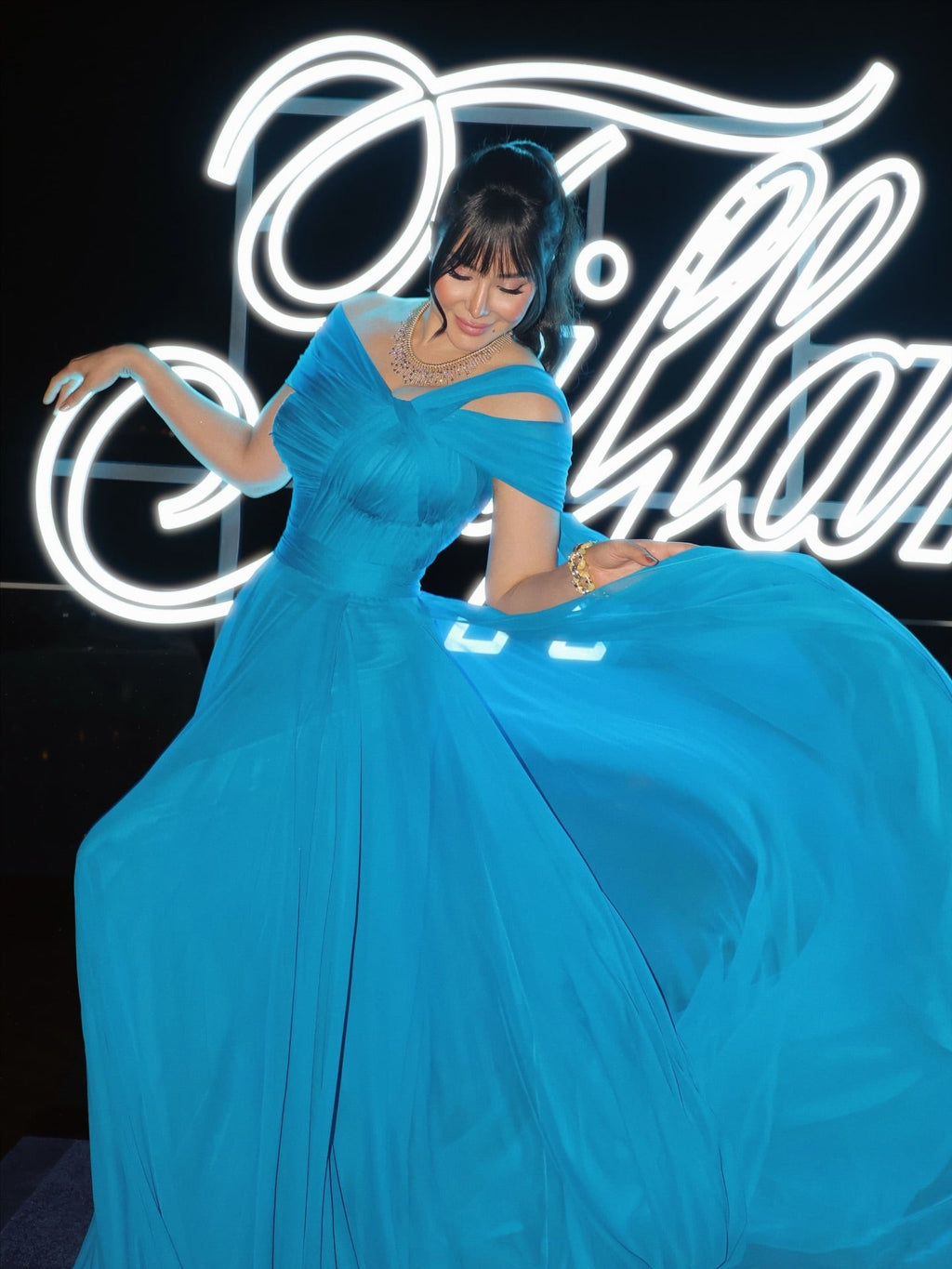 Luxury Blue Cold Shoulder Cross Neck Flowy Cape Evening Dress SF067