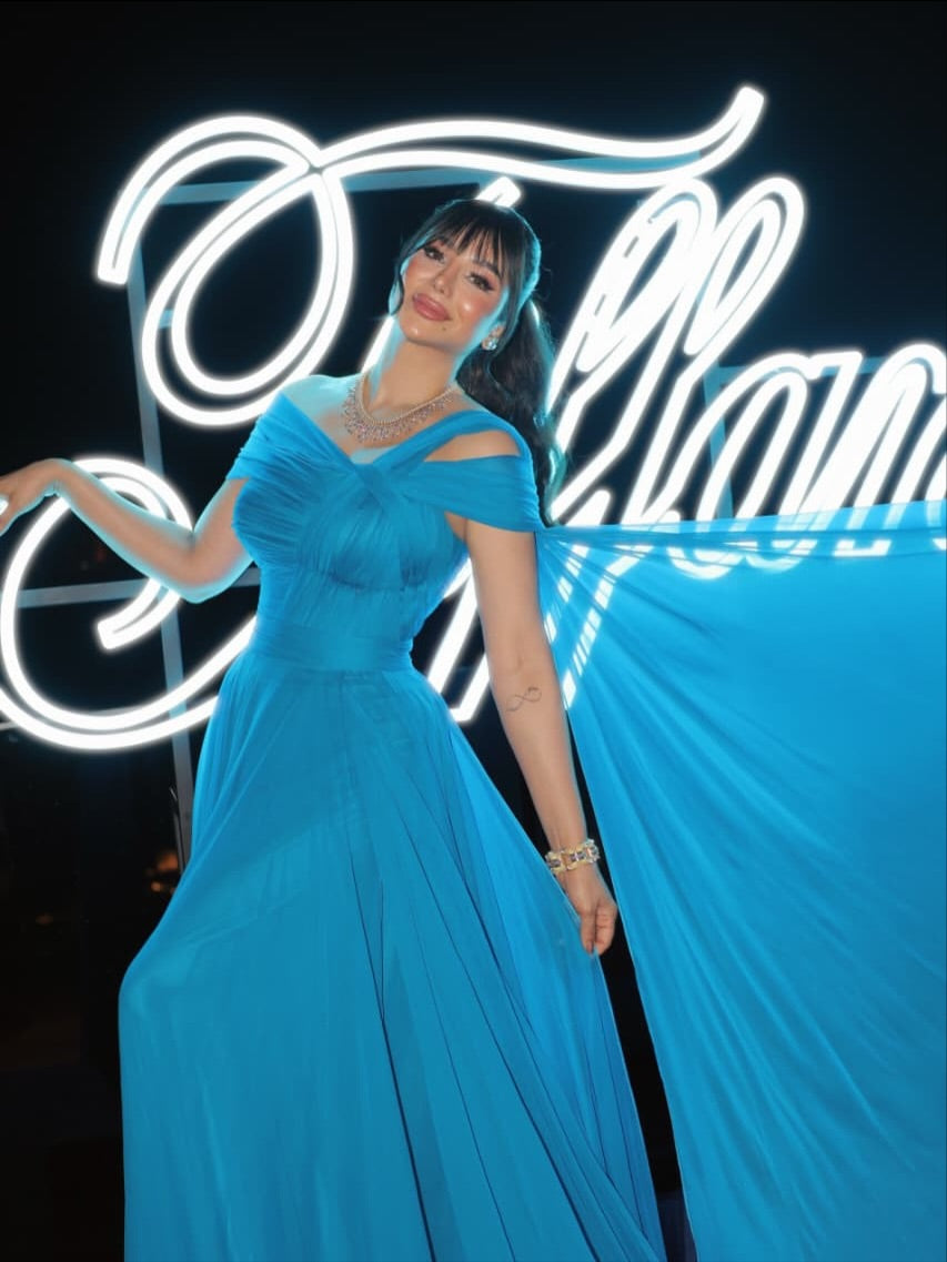 Luxury Blue Cold Shoulder Cross Neck Flowy Cape Evening Dress SF067