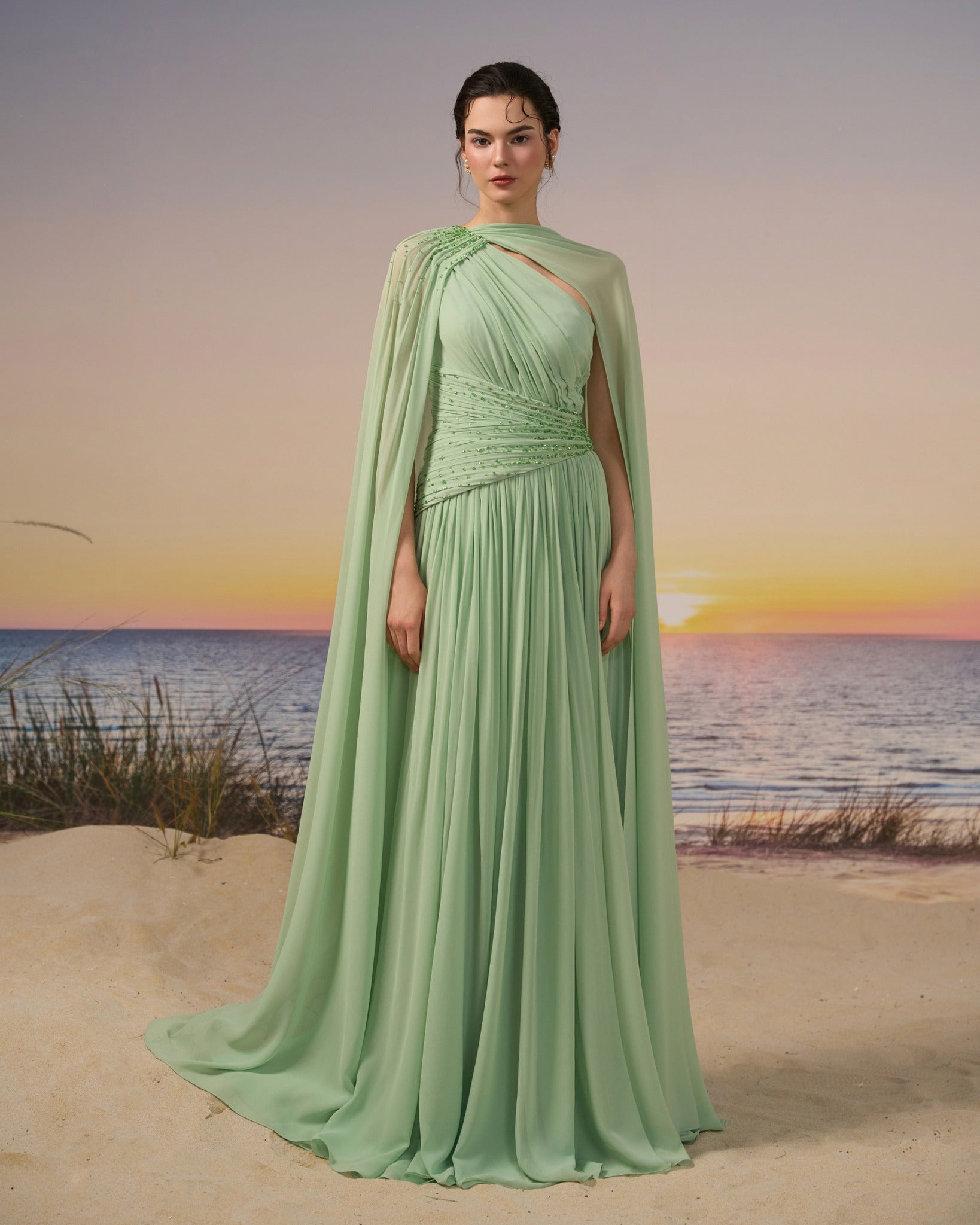 Sophisticated Mint Green Crystal Cape Sleeve Chiffon Evening Dress SF119