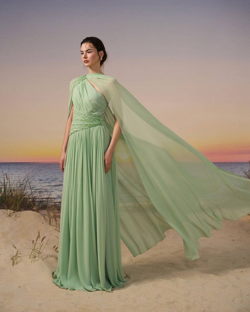 Sophisticated Mint Green Crystal Cape Sleeve Chiffon Evening Dress SF119