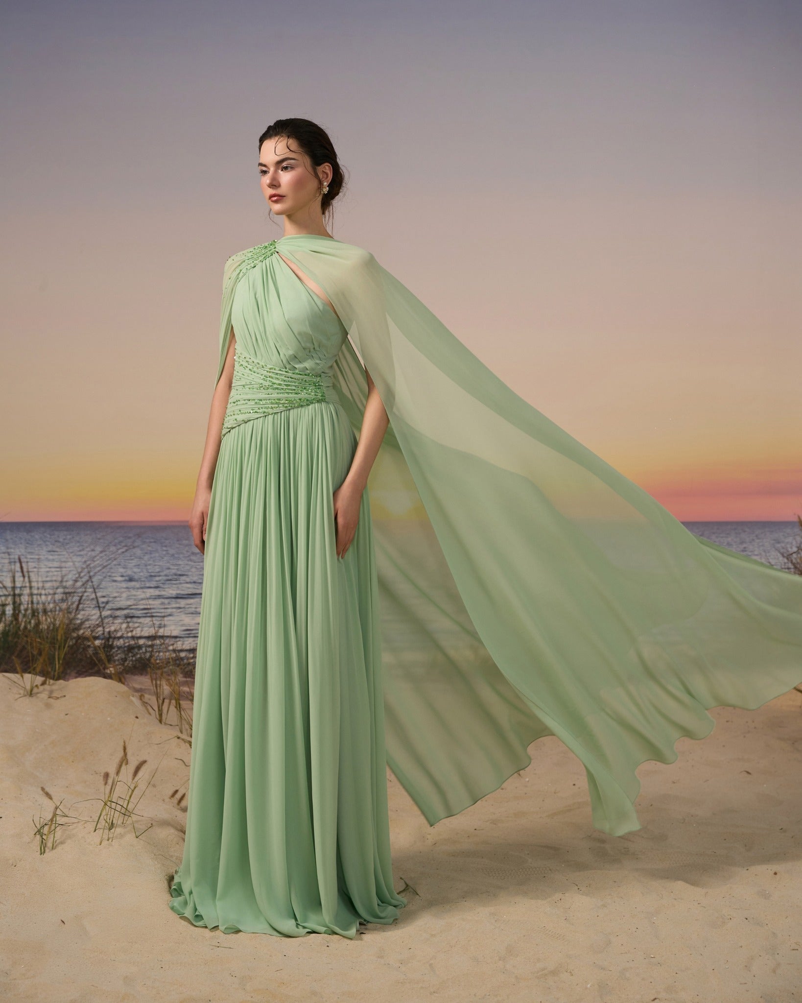 Sophisticated Mint Green Crystal Cape Sleeve Chiffon Evening Dress SF119