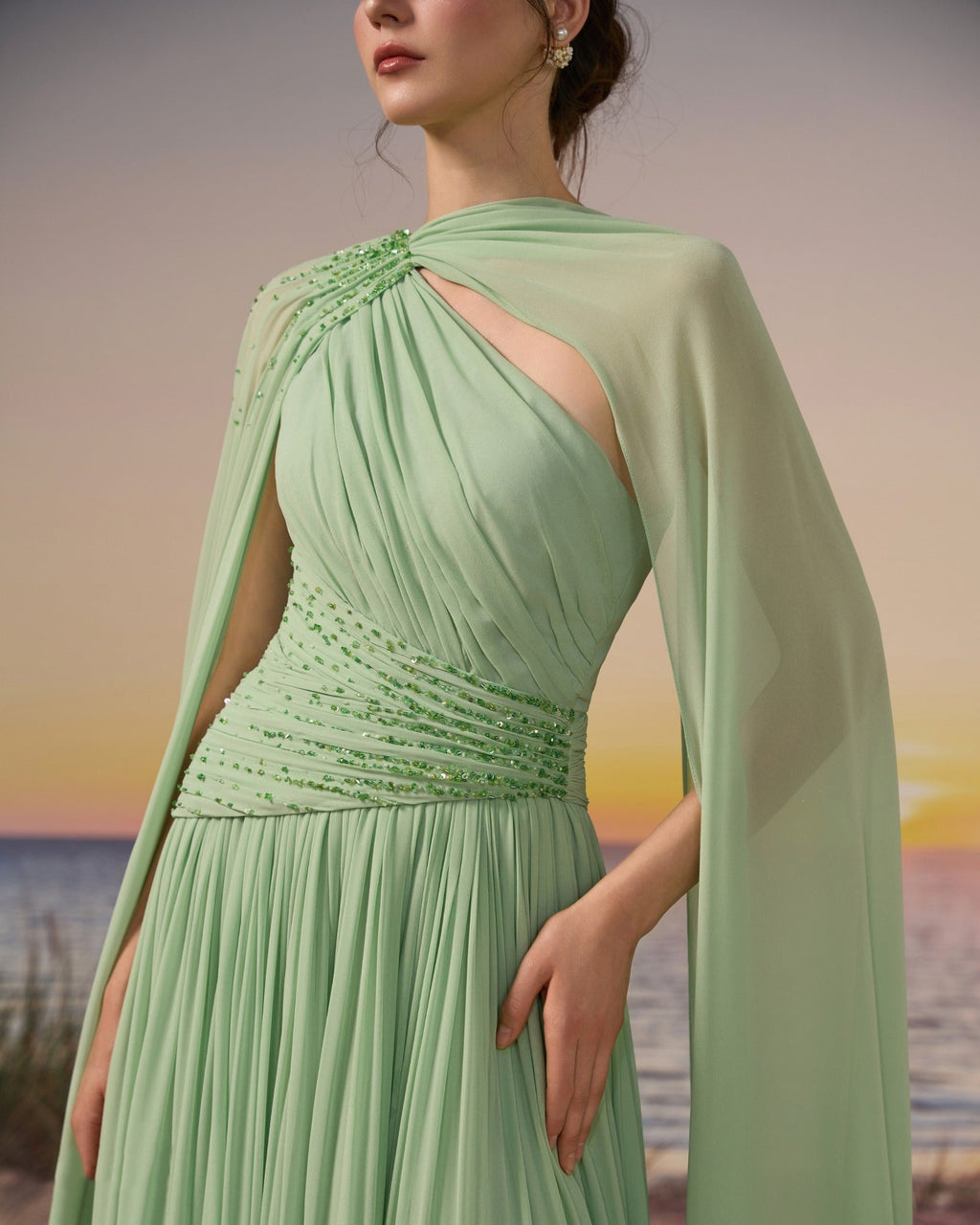 Sophisticated Mint Green Crystal Cape Sleeve Chiffon Evening Dress SF119