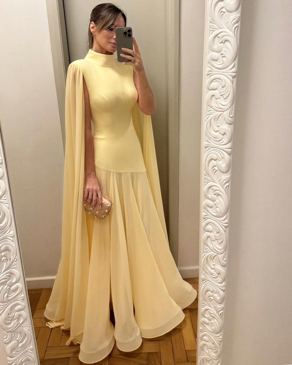 Elegant Yellow Lotus Leaf Folds Evening Dress with  Cape Sleeve SF046