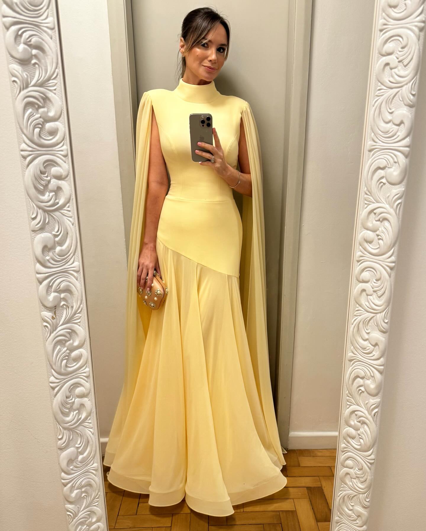 Elegant Yellow Lotus Leaf Folds Evening Dress with  Cape Sleeve SF046