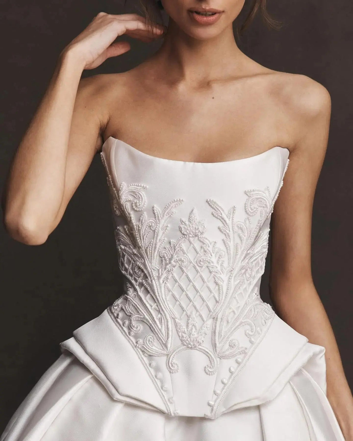 Luxury White Satin Strapless Beaded Ball Gown Train Wedding Dress SW599