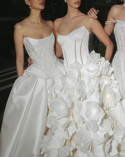 Luxury White Satin Strapless Beaded Ball Gown Train Wedding Dress SW599
