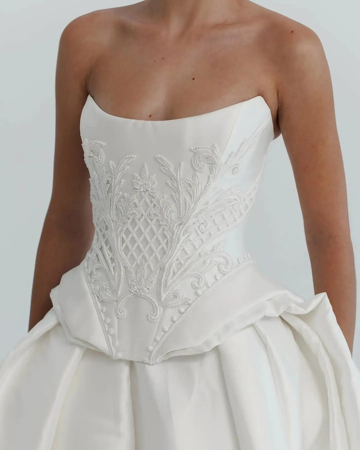 Luxury White Satin Strapless Beaded Ball Gown Train Wedding Dress SW599