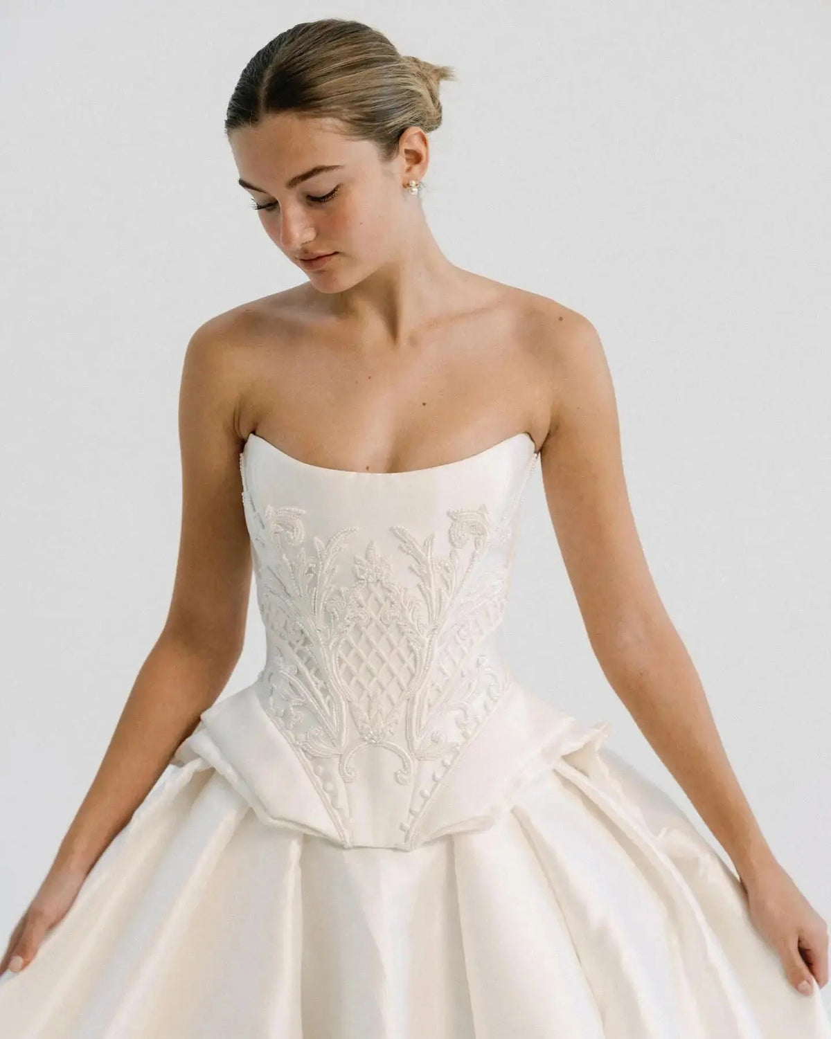 Luxury White Satin Strapless Beaded Ball Gown Train Wedding Dress SW599