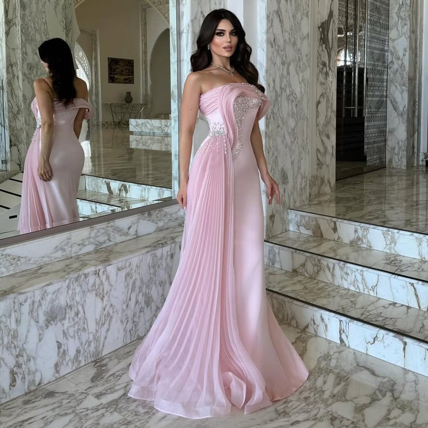 Luxury Light Pink Beaded Fitted Evening Dress with Overskirt SF501