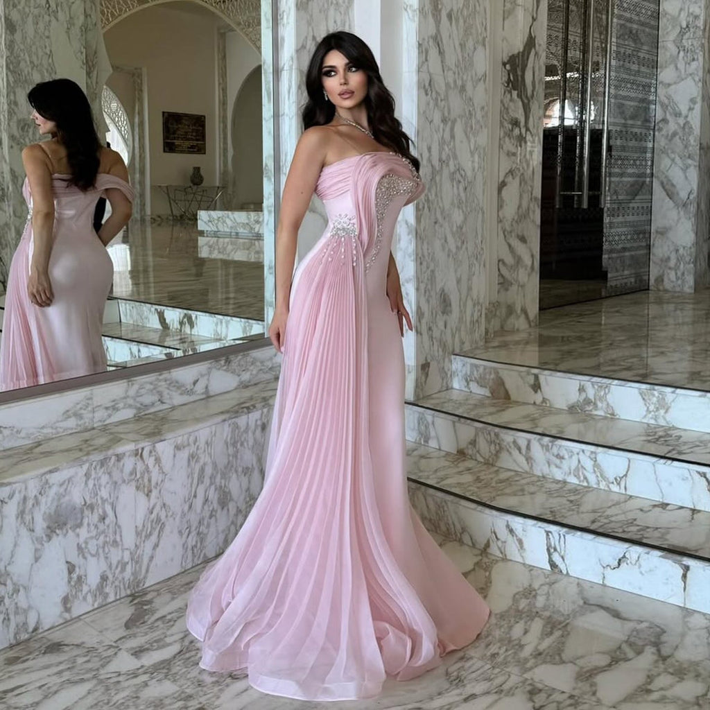 Luxury Light Pink Beaded Fitted Evening Dress with Overskirt SF501