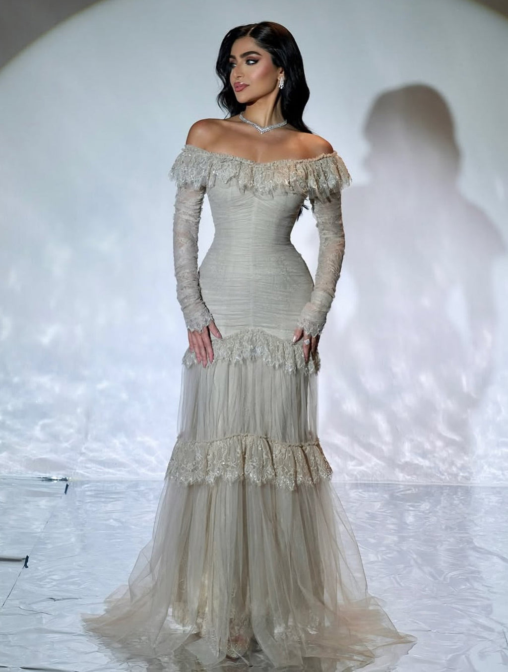 Luxury Gray Off-the-Shoulder Feather Lace Trim Evening Dress SF457