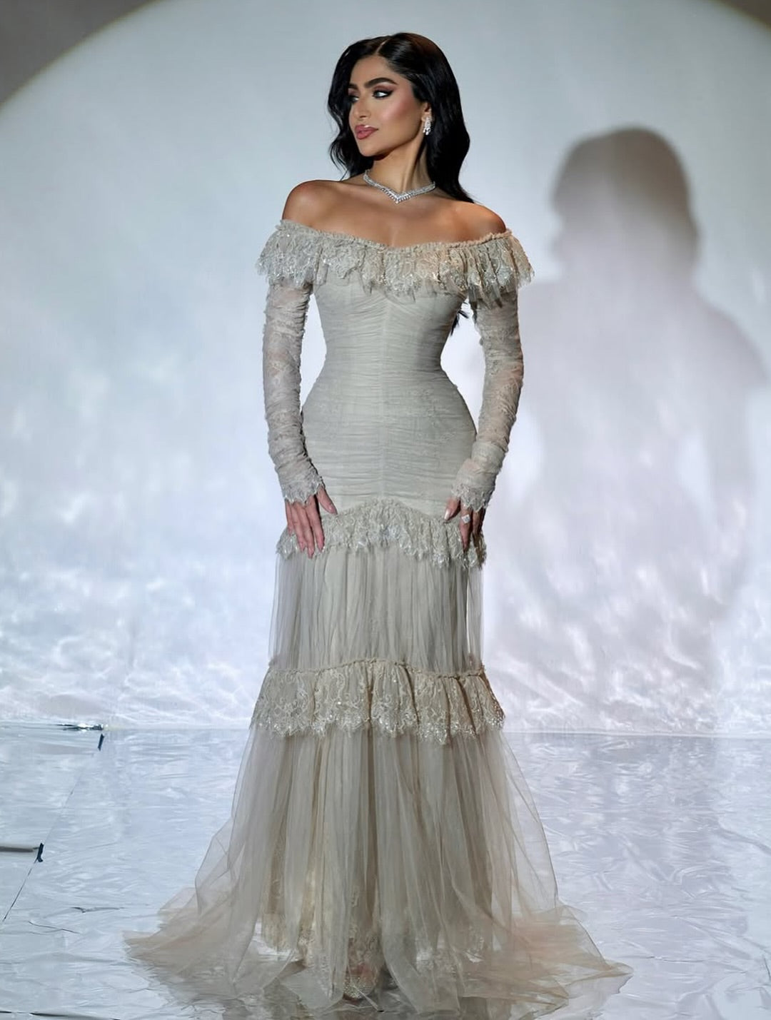 Luxury Gray Off-the-Shoulder Feather Lace Trim Evening Dress SF457