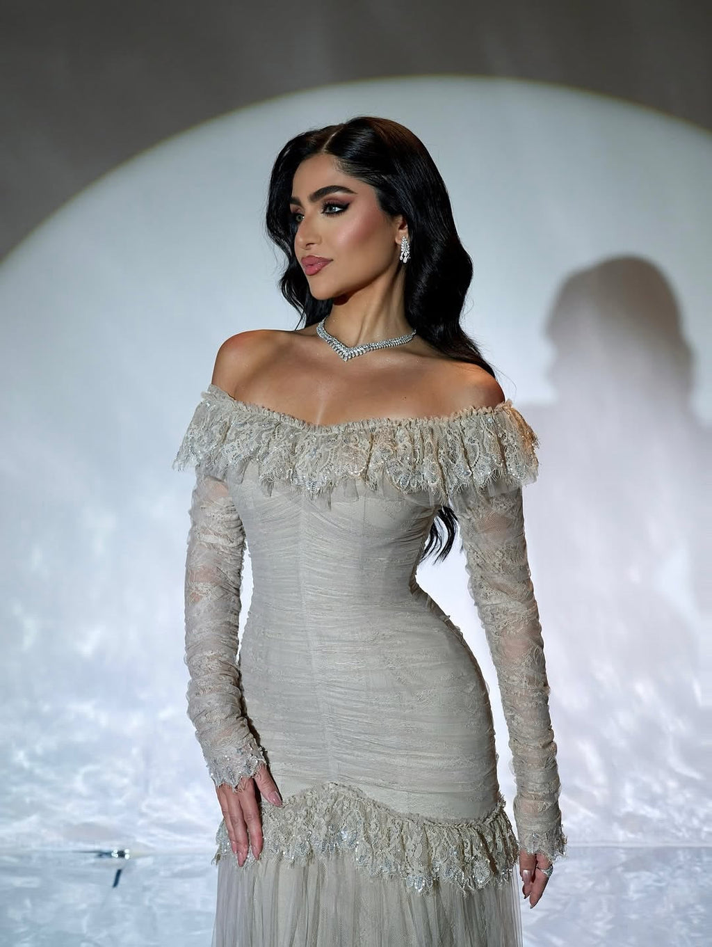 Luxury Gray Off-the-Shoulder Feather Lace Trim Evening Dress SF457