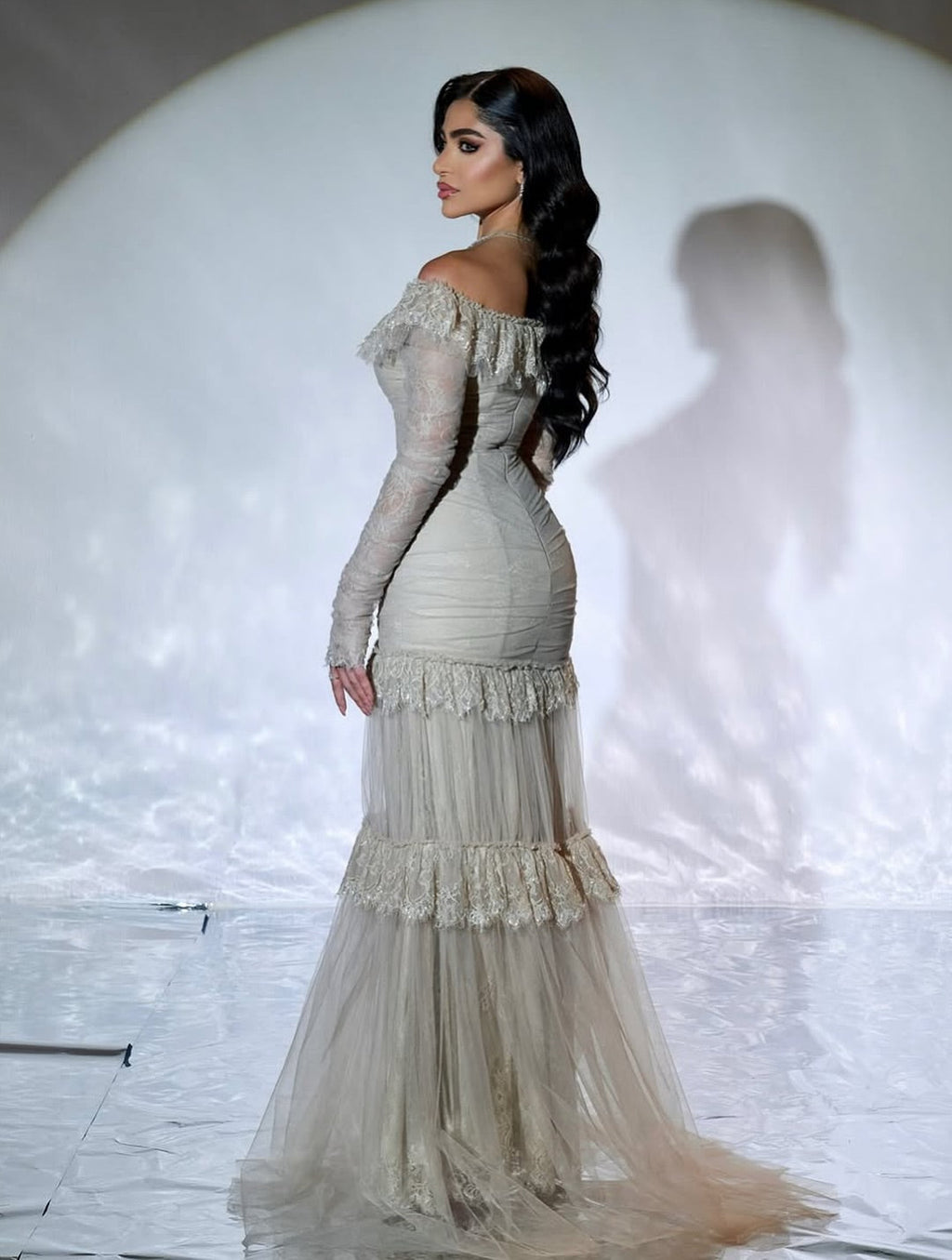 Luxury Gray Off-the-Shoulder Feather Lace Trim Evening Dress SF457