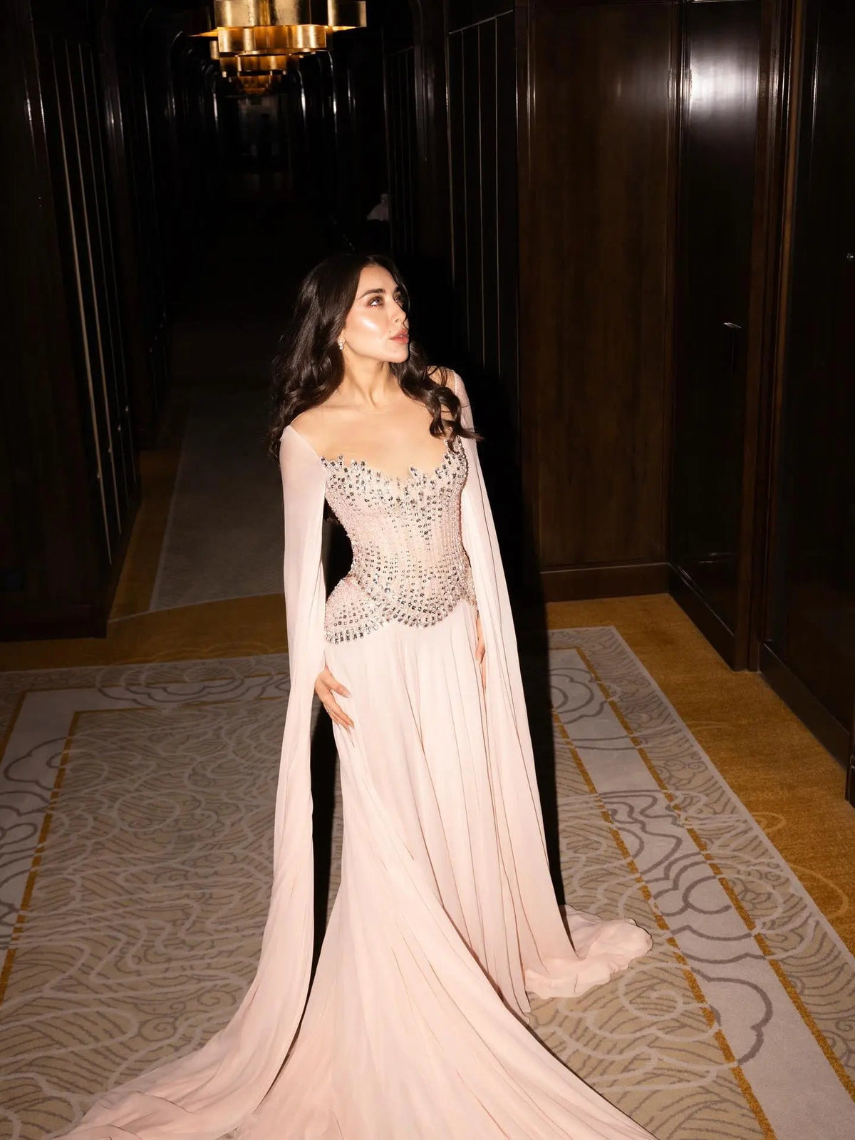 Luxury Pink Beaded Flowy Cape Sleeve Evening Dress SS367