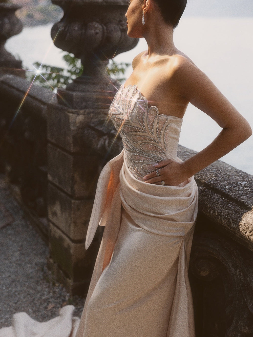 Elegant Beige Strapless Beaded Evening Dress with Overskirt and Scarf SS242