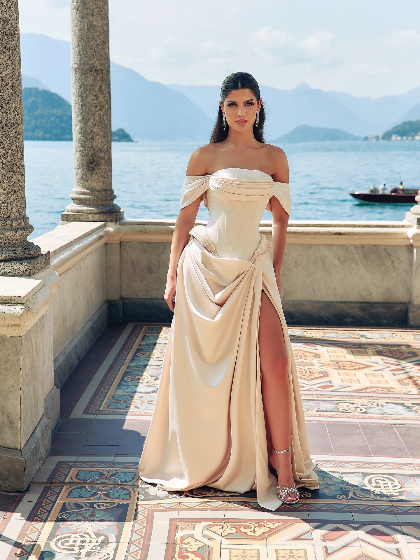 Luxury Beige Satin High-Slit Corset Waist Evening Dress SF062