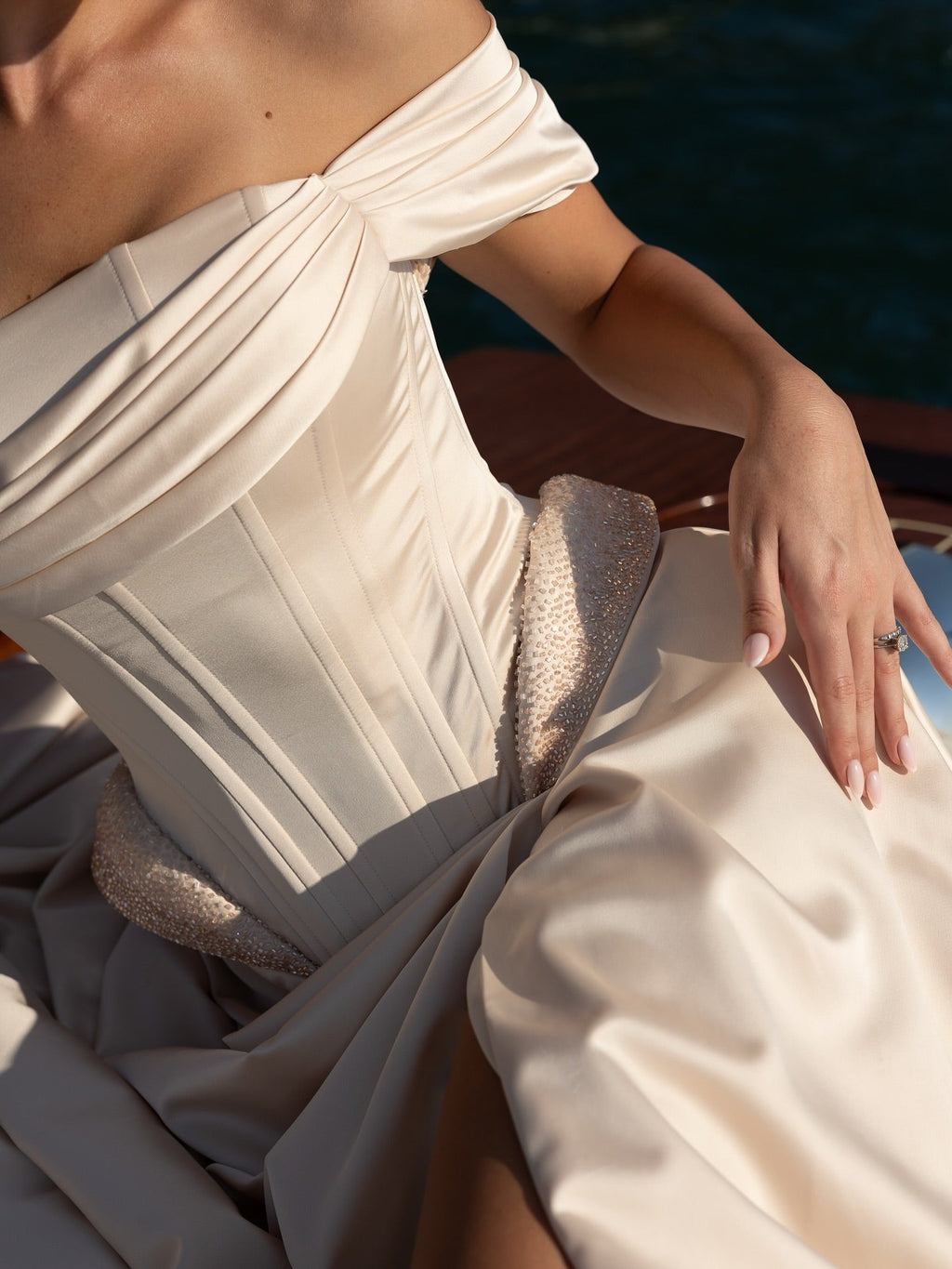 Luxury Beige Satin High-Slit Corset Waist Evening Dress SF062