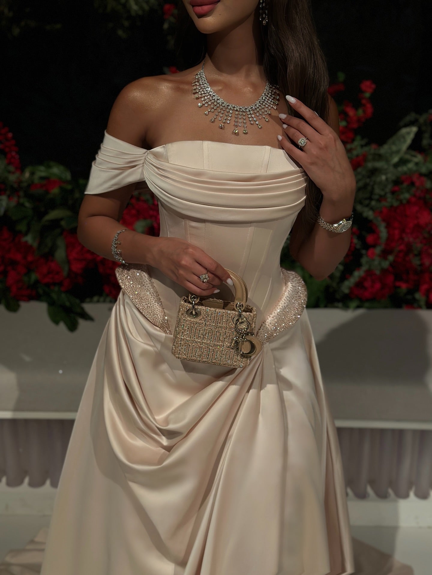 Luxury Beige Satin High-Slit Corset Waist Evening Dress SF062