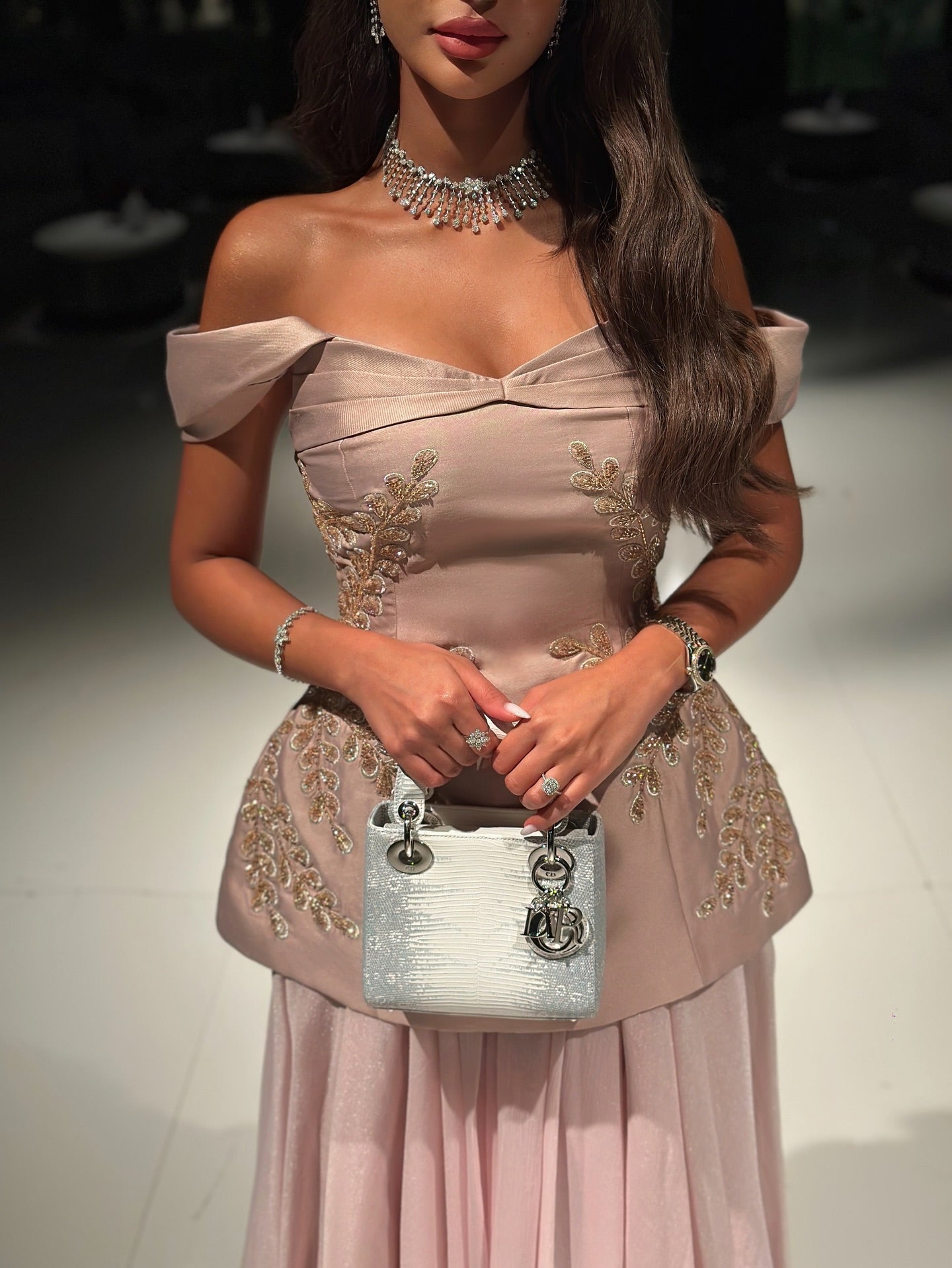 Luxury Pink Strapless Embossed Waist Long Evening Dress SF502