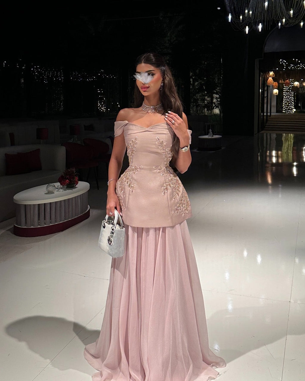 Luxury Pink Strapless Embossed Waist Long Evening Dress SF502