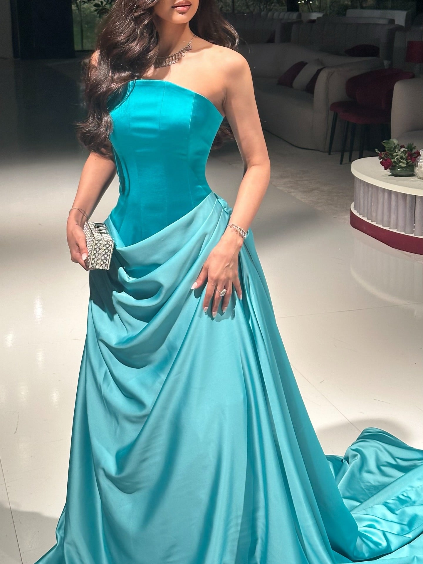 Luxury Turquoise Satin Draped Draped Evening Dress SF058