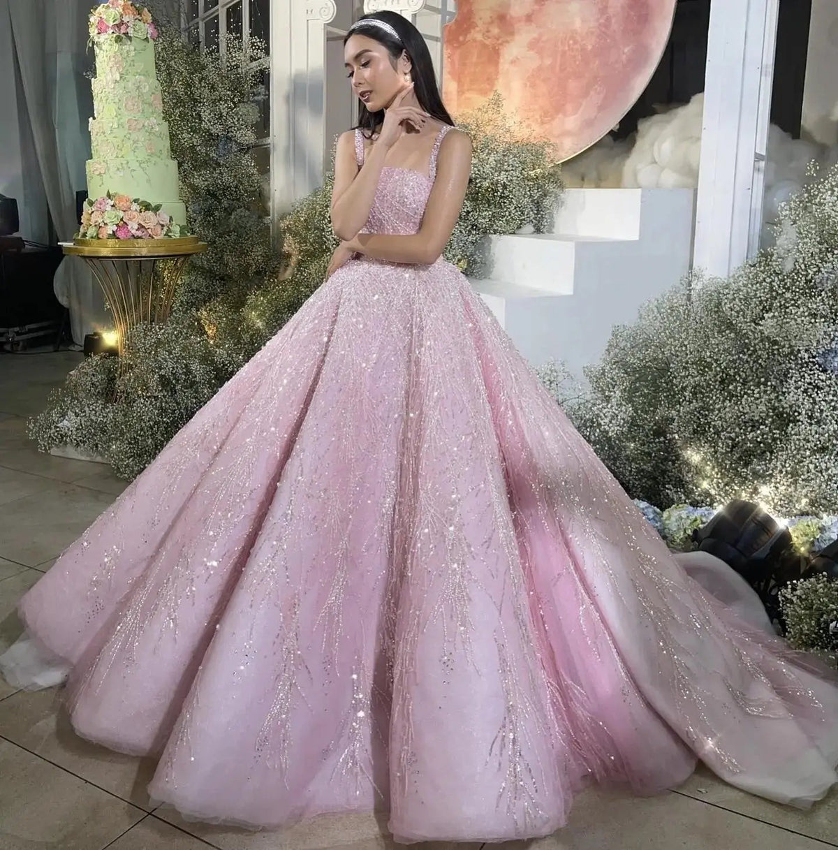 Luxury Pink Beaded Sleeveless Ball Gown Evening Dress SS702