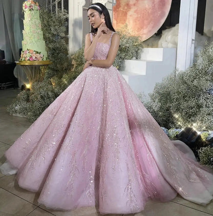Luxury Pink Beaded Sleeveless Ball Gown Evening Dress SS702