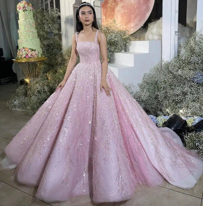 Luxury Pink Beaded Sleeveless Ball Gown Evening Dress SS702