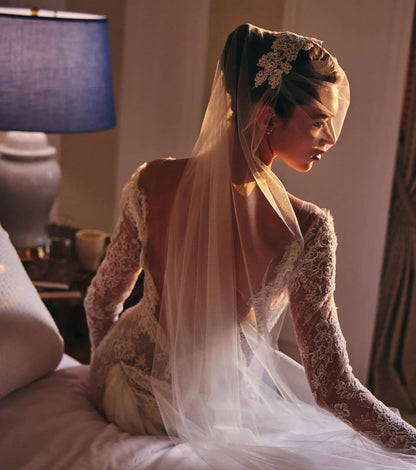 Romantic Ivory Long Sleeve Lace Mermaid Wedding Dress with Overskirt SW228