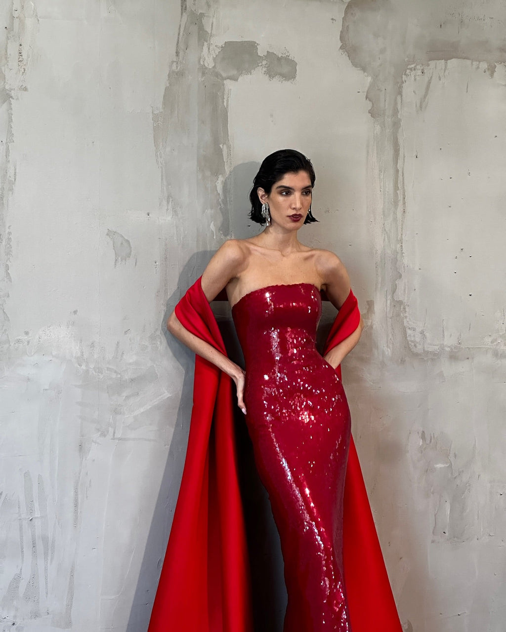 Luxury Red Sequin Mermaid Back-Slit Evening Dress with Cape SF436