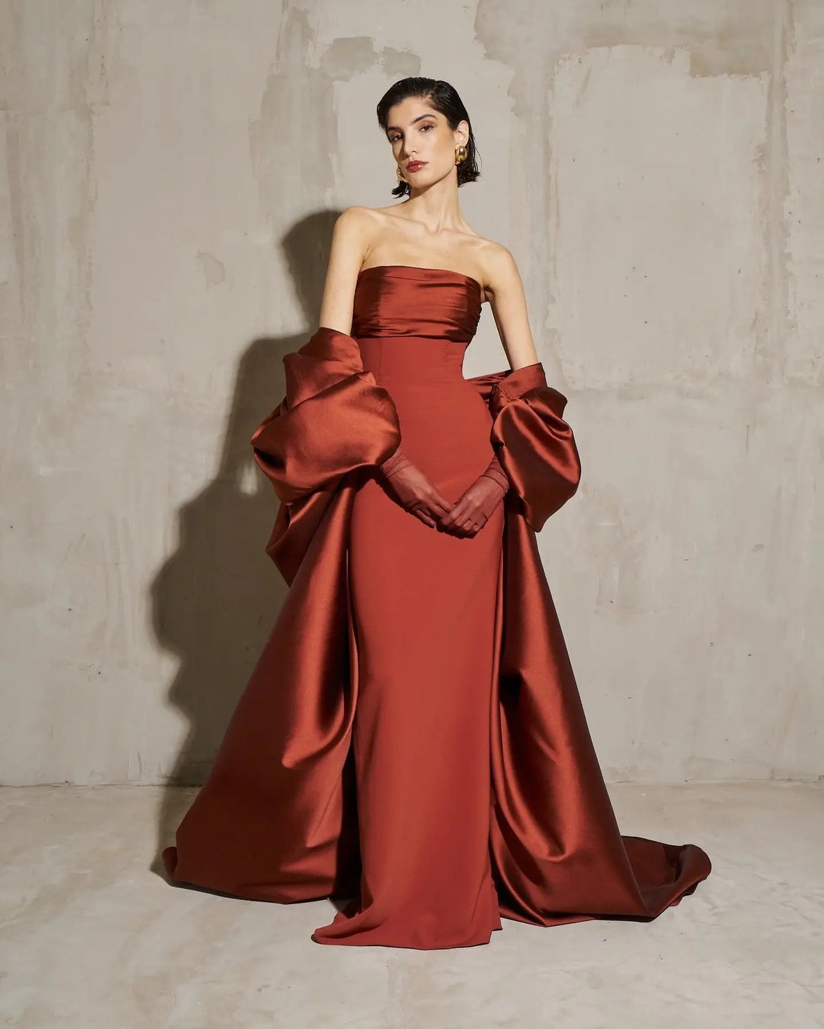 Glamorous Rust Strapless Satin Evening Dress with Oversized Sleeves SF490