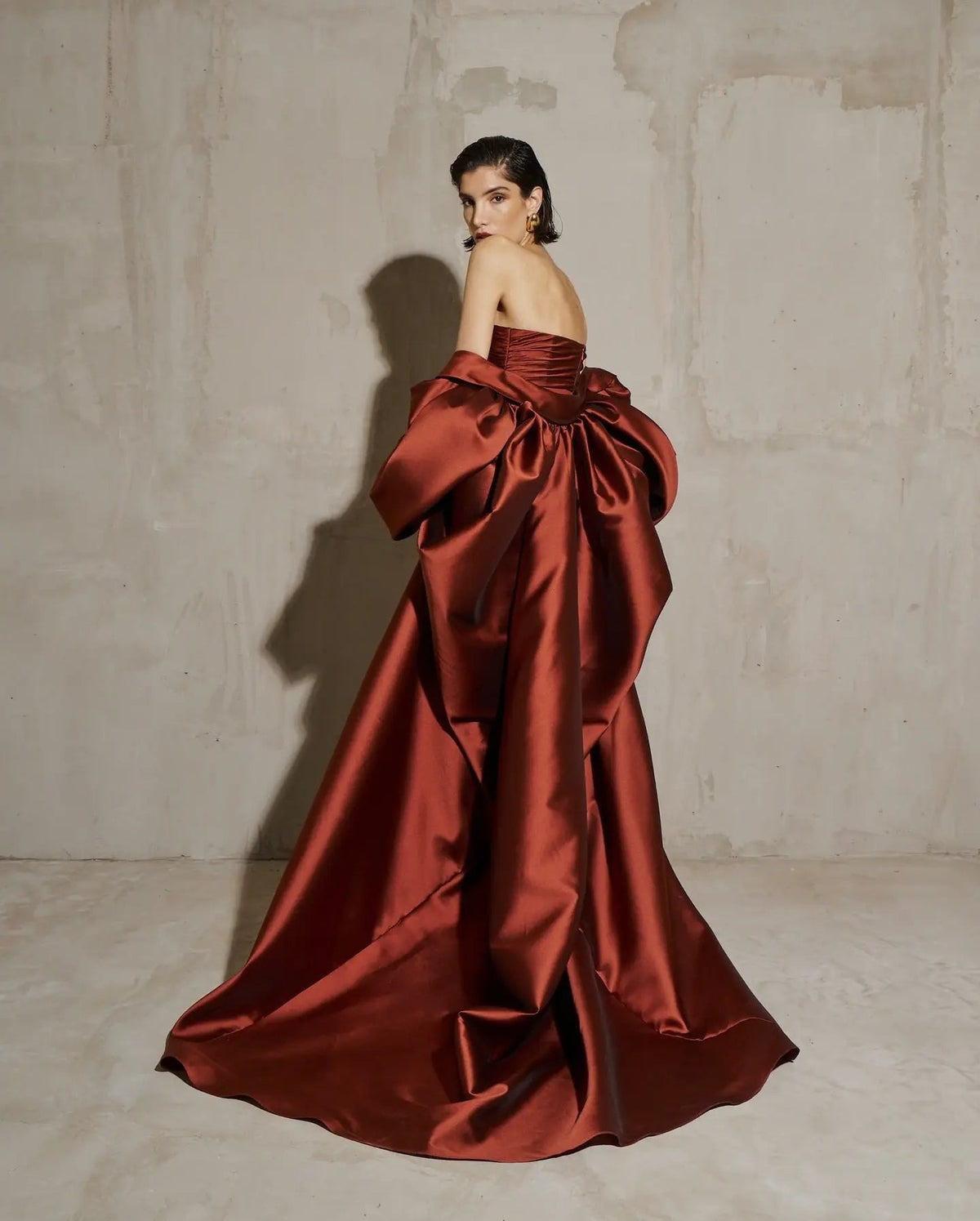 Glamorous Rust Strapless Satin Evening Dress with Oversized Sleeves SF490