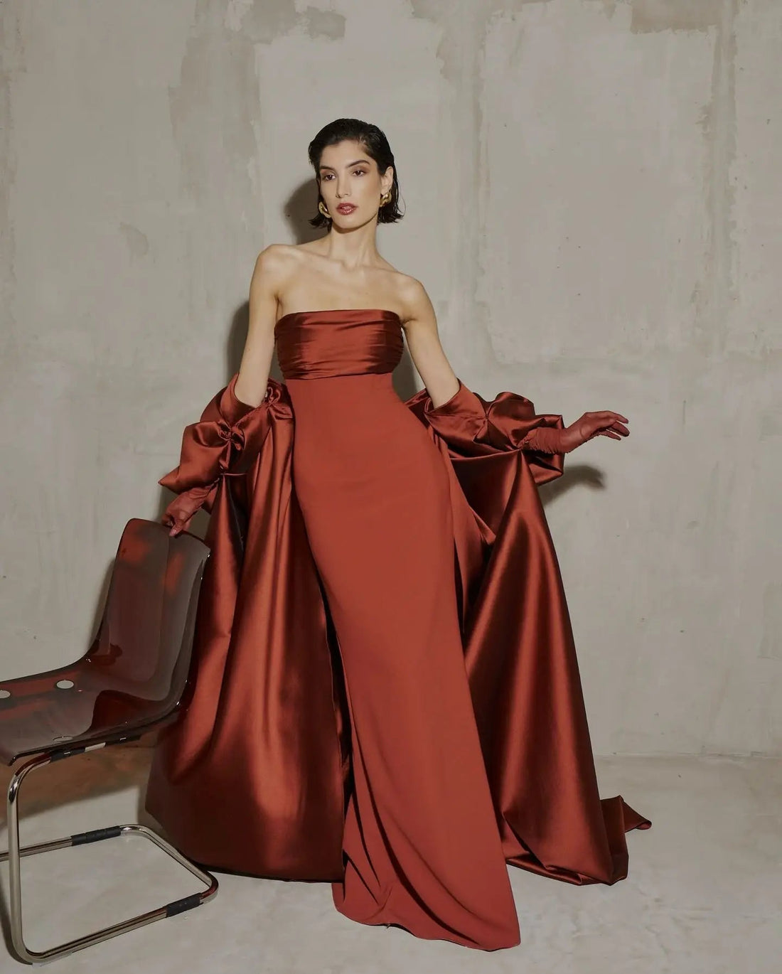 Glamorous Rust Strapless Satin Evening Dress with Oversized Sleeves SF490
