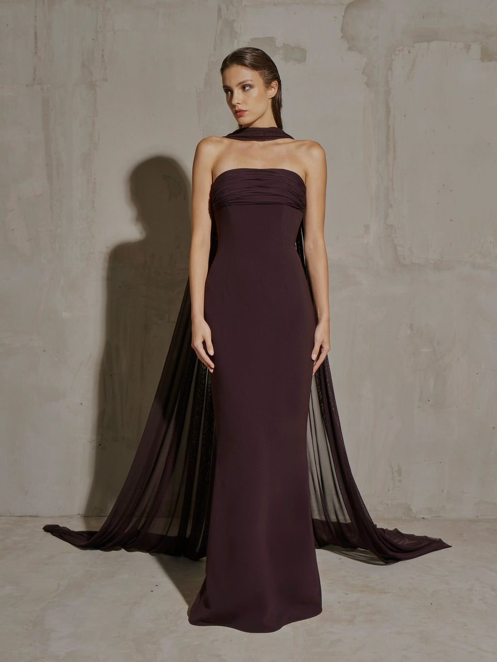 Luxury Reddish Brown Fitted Train Evening Dress with Scarf SF111