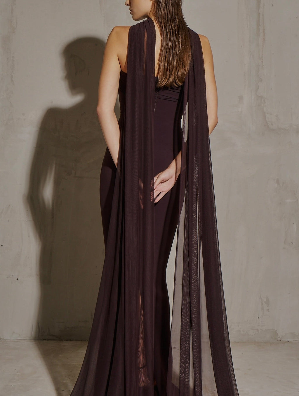 Luxury Reddish Brown Fitted Train Evening Dress with Scarf SF111