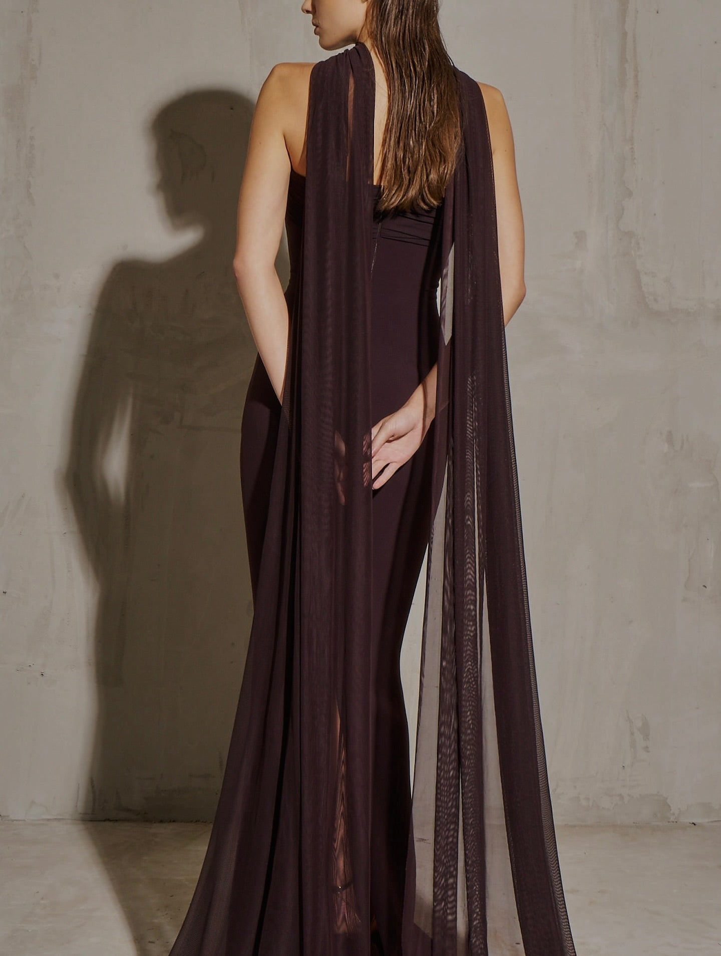Luxury Reddish Brown Fitted Train Evening Dress with Scarf SF111