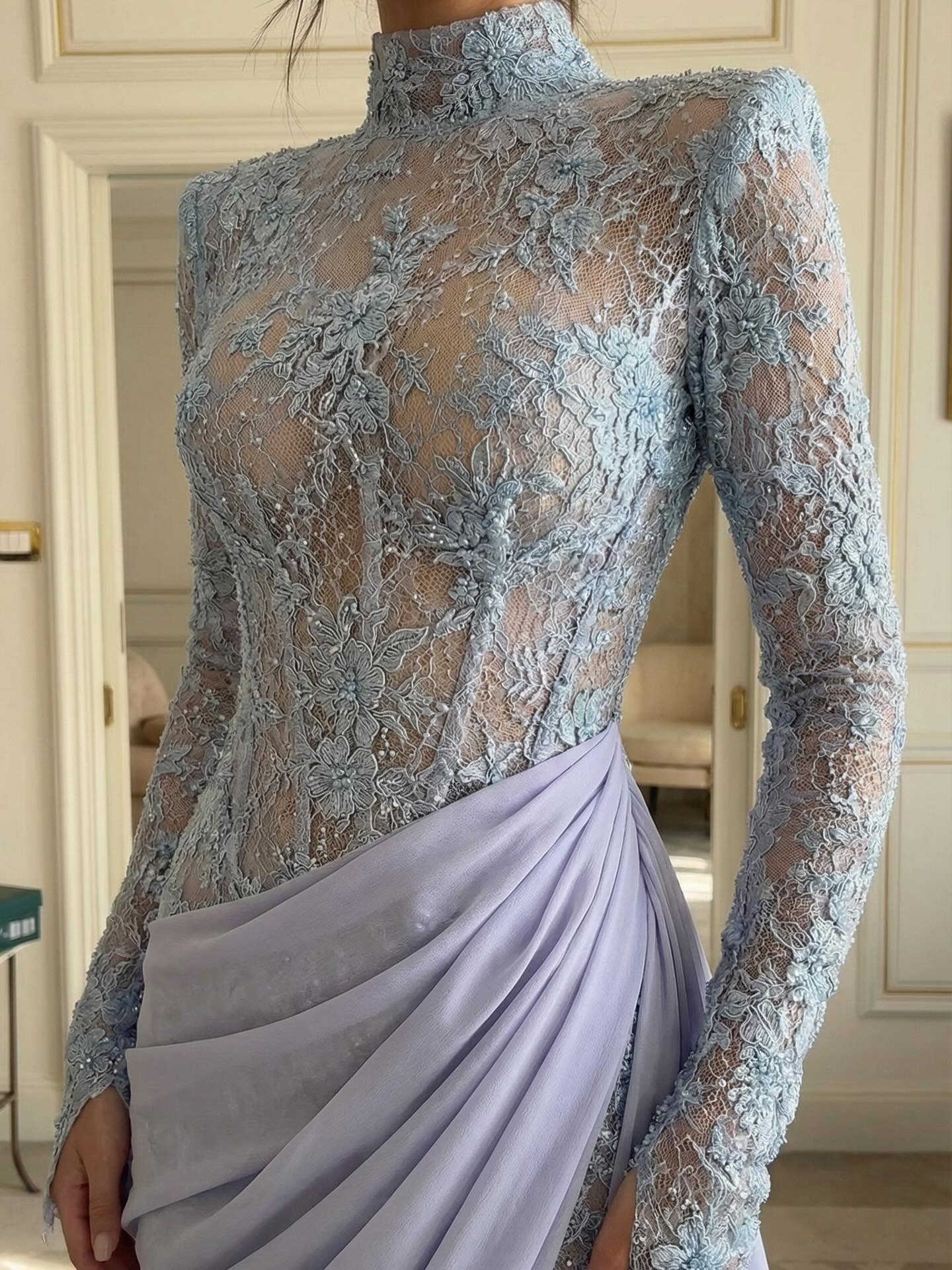 Luxury Violet Sheer Long Sleeve Train Evening Dress with Overskirt SF429