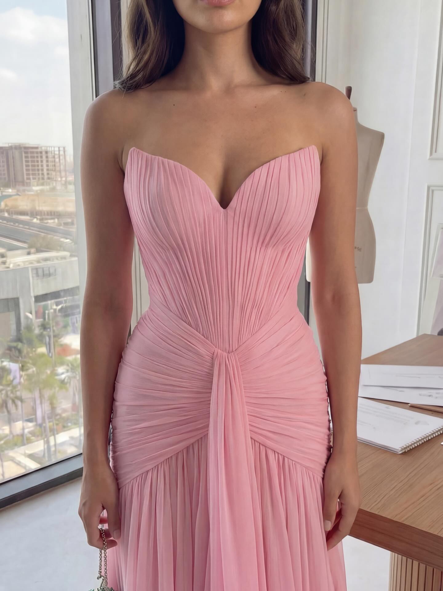 Luxury Pink Neck Pleated Chiffon Fitted Mermaid Evening Dress SF057