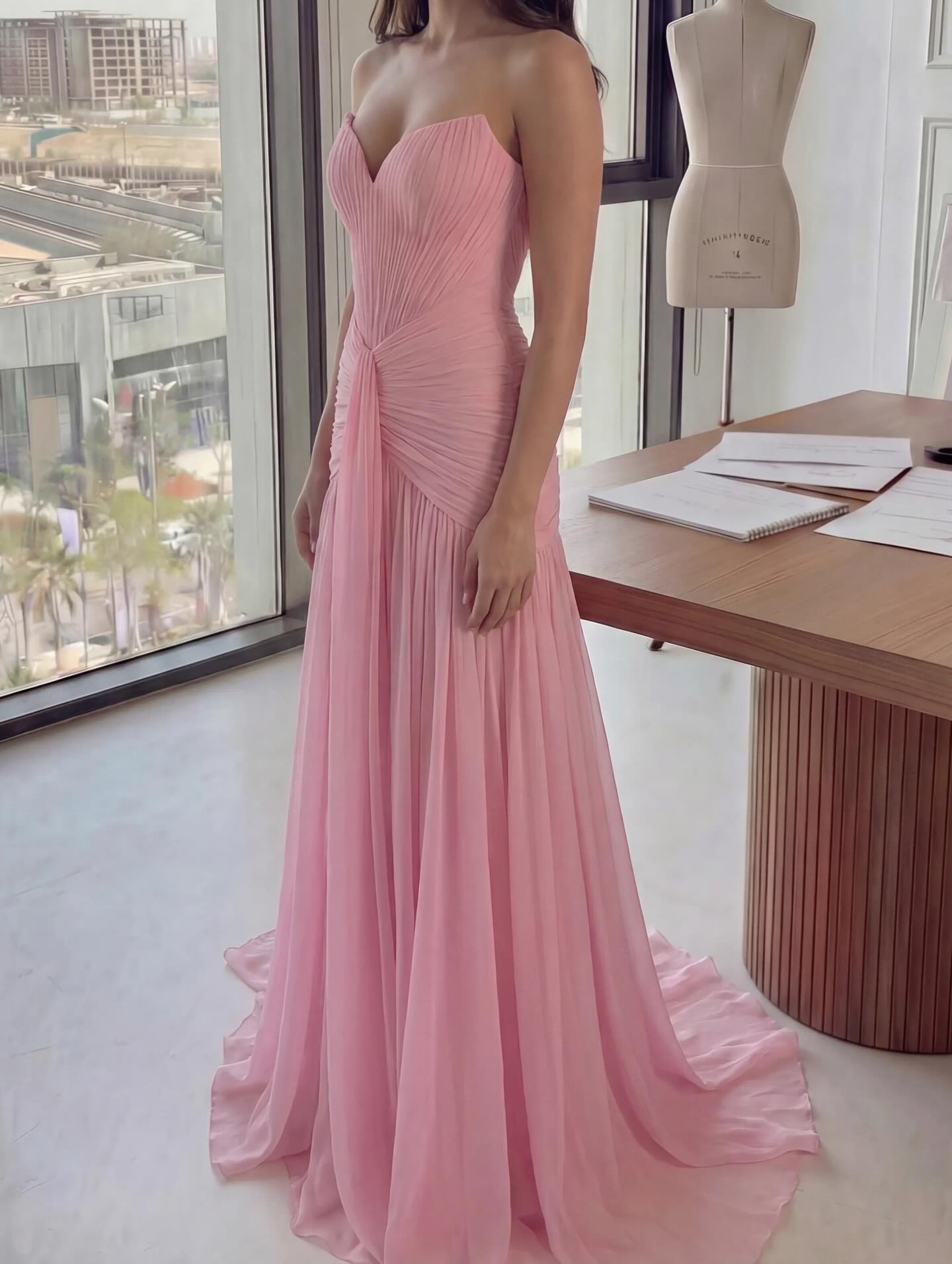Luxury Pink Neck Pleated Chiffon Fitted Mermaid Evening Dress SF057