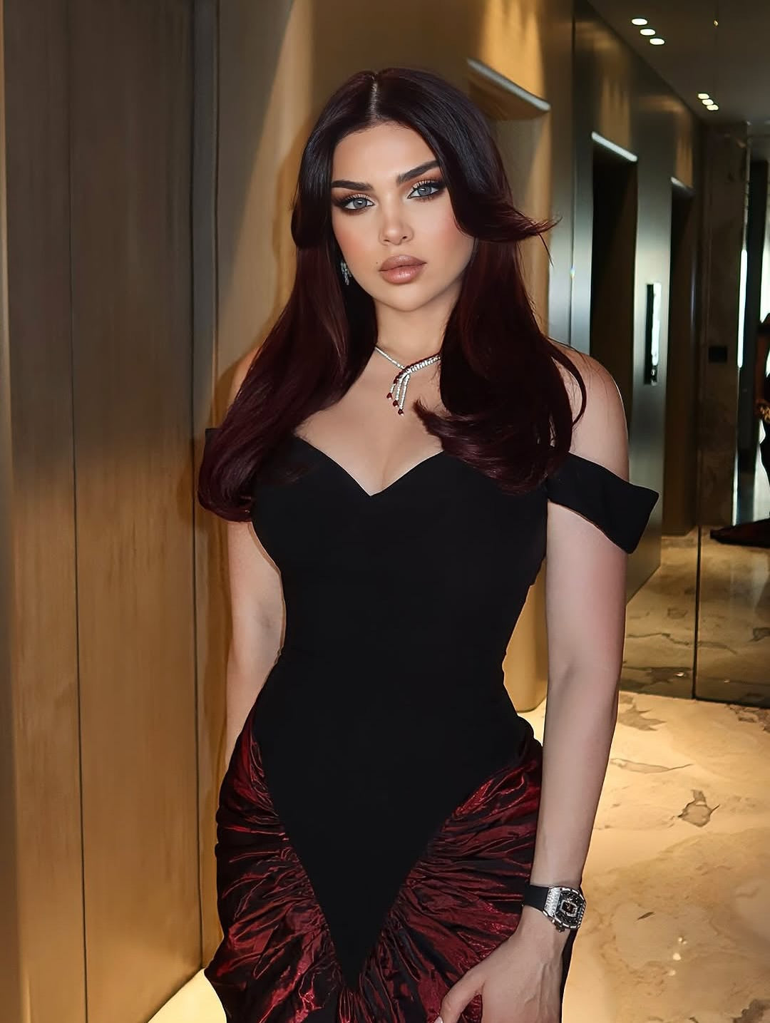 Luxury Black & Burgundy Block Off-the-Shoulder Draped Evening Dress SF444